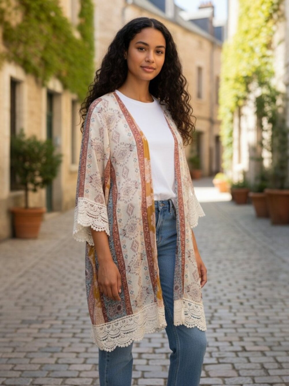 Jolt Multicolor Bohemian Kimono with Lace Trim Size M